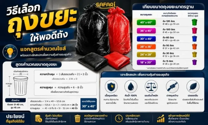 อินโฟกราฟิกวิธีเลือกถุงขยะให้พอดีถัง แจกสูตรคำนวณไซซ์และตารางเทียบขนาดถุงขยะมาตรฐาน Teenoishop